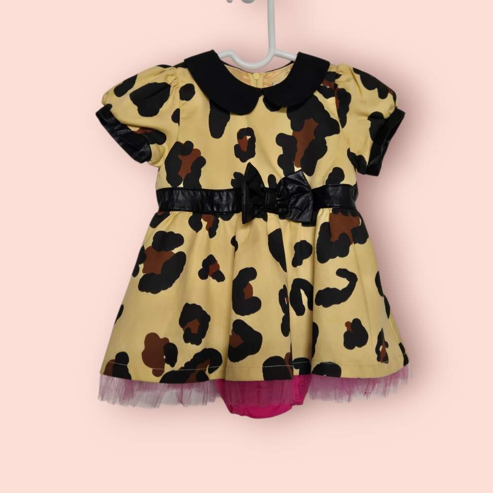 Harajuku Mini Leopard Print Dress Black Faux Leather & Tulle Detailing Sz 6 Mo